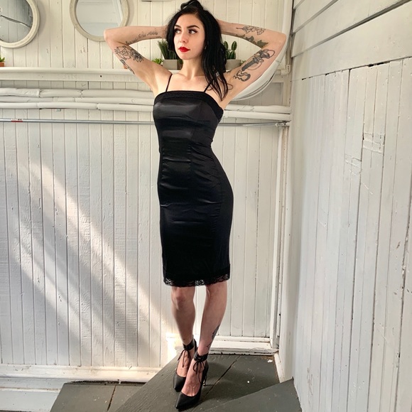 Dresses & Skirts - Black satin midi dress spaghetti strap lace detail